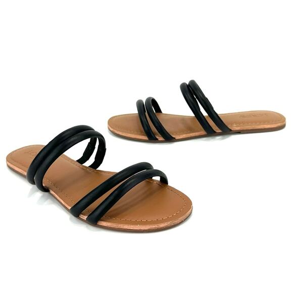 J. Crew Seaside Slide Sandal Size 7 Black Leather Padded Footbed Strappy Flat - Picture 1 of 12